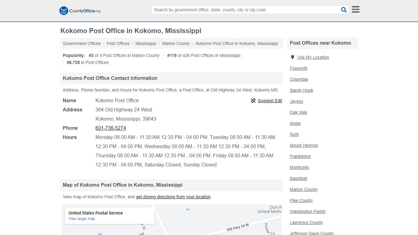 Kokomo Post Office - Kokomo, MS (Address, Phone, and Hours)