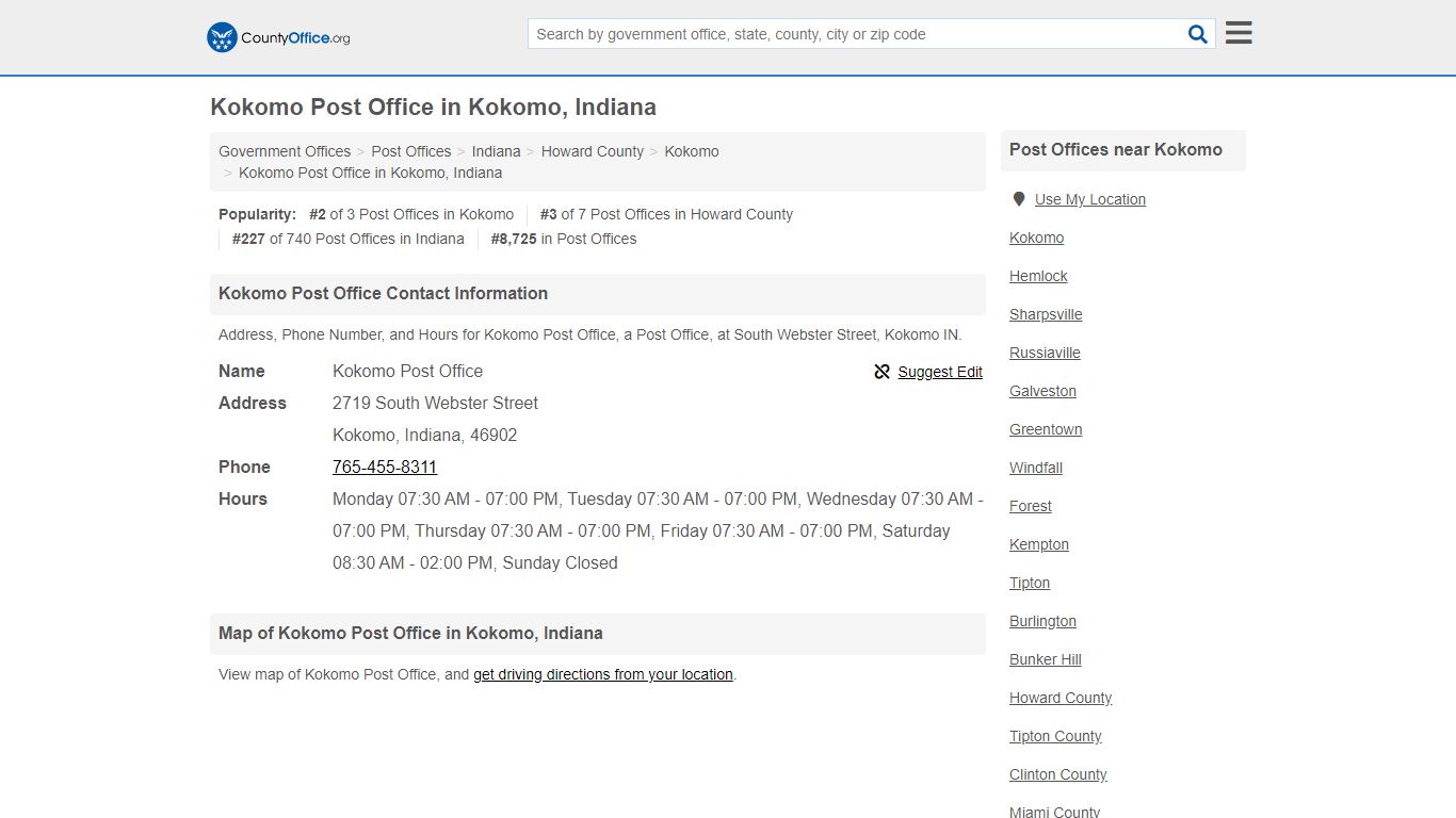 Kokomo Post Office - Kokomo, IN (Address, Phone, and Hours)
